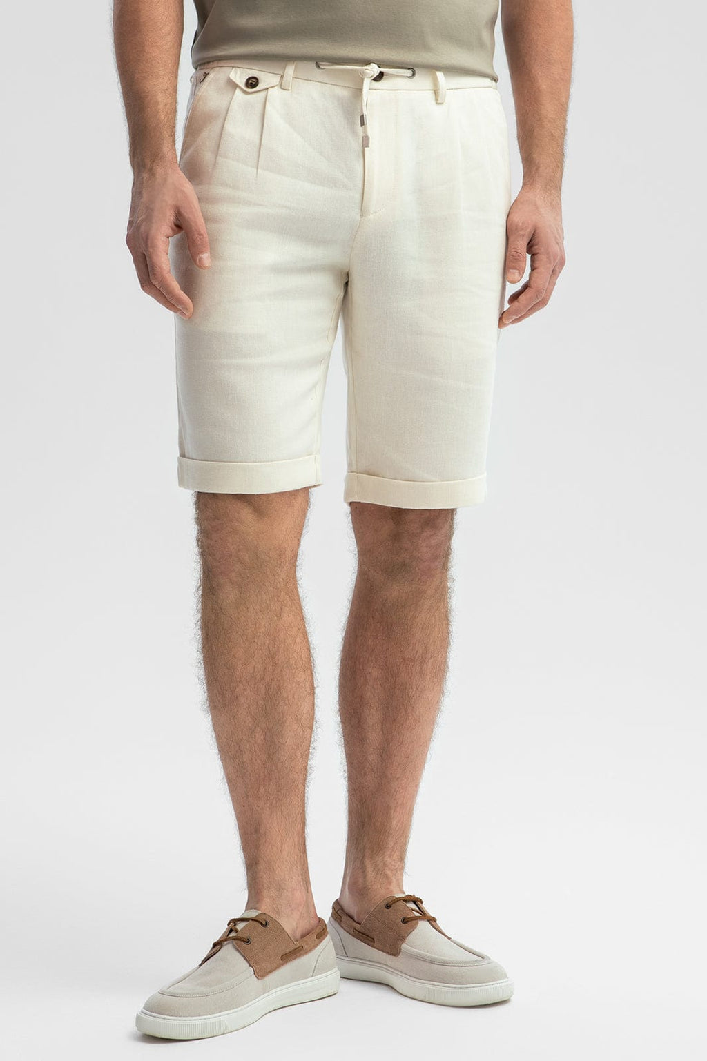 Tiavllya Formal 2 Piece Men's Ivory Suit Flat Linen Notch Lapel Tuxedos (Blazer+Shorts)