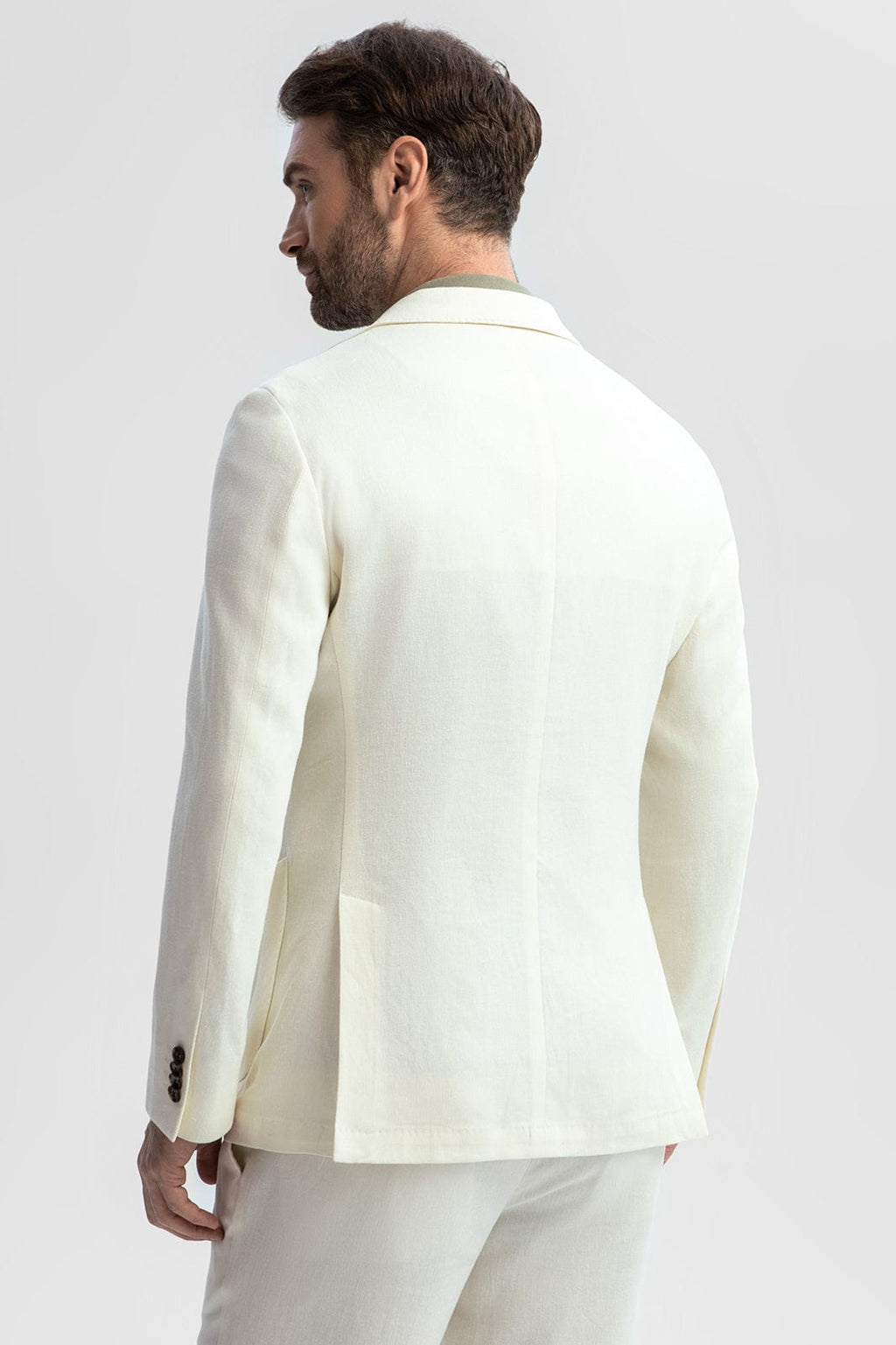 Tiavllya Formal 2 Piece Men's Ivory Suit Flat Linen Notch Lapel Tuxedos (Blazer+Shorts)