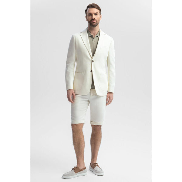 Tiavllya Formal 2 Piece Men's Ivory Suit Flat Linen Notch Lapel Tuxedos (Blazer+Shorts)