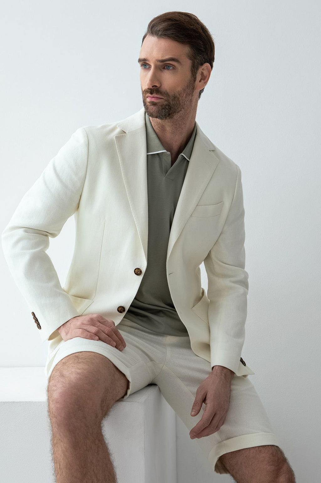 Tiavllya Formal 2 Piece Men's Ivory Suit Flat Linen Notch Lapel Tuxedos (Blazer+Shorts)