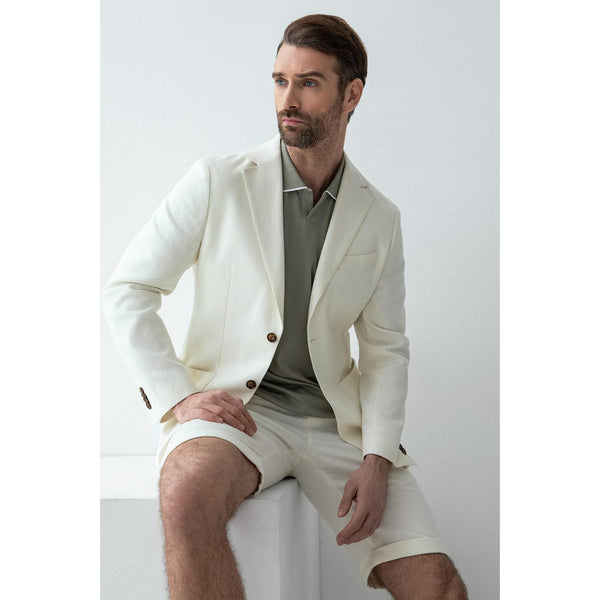 Tiavllya Formal 2 Piece Men's Ivory Suit Flat Linen Notch Lapel Tuxedos (Blazer+Shorts)