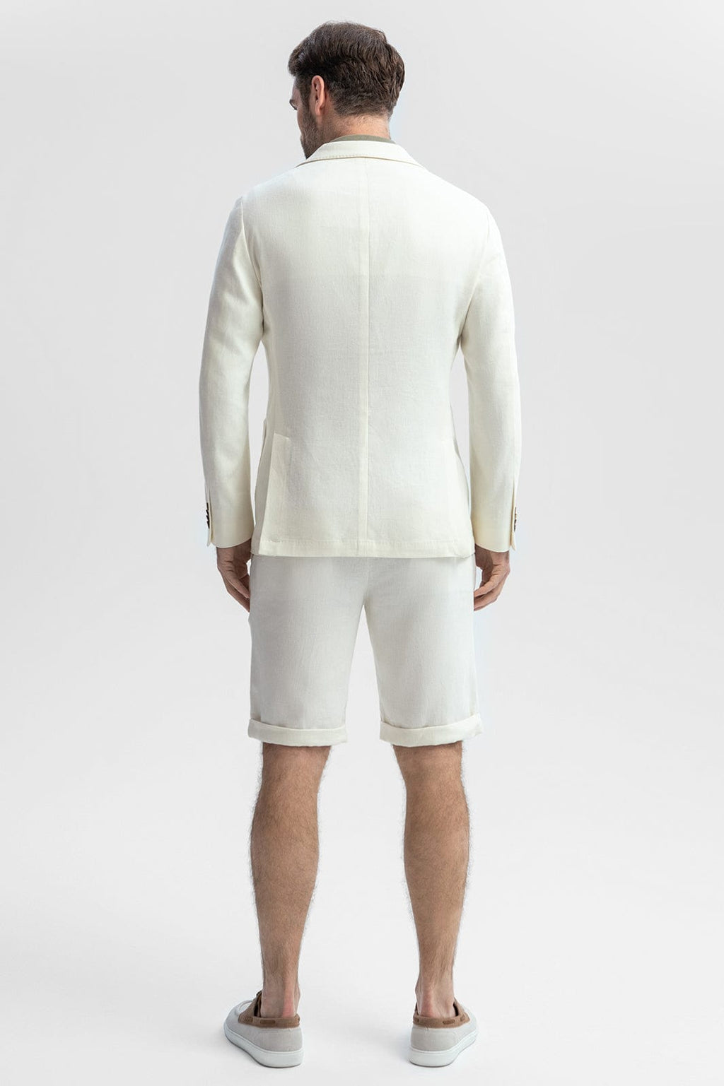 Tiavllya Formal 2 Piece Men's Ivory Suit Flat Linen Notch Lapel Tuxedos (Blazer+Shorts)