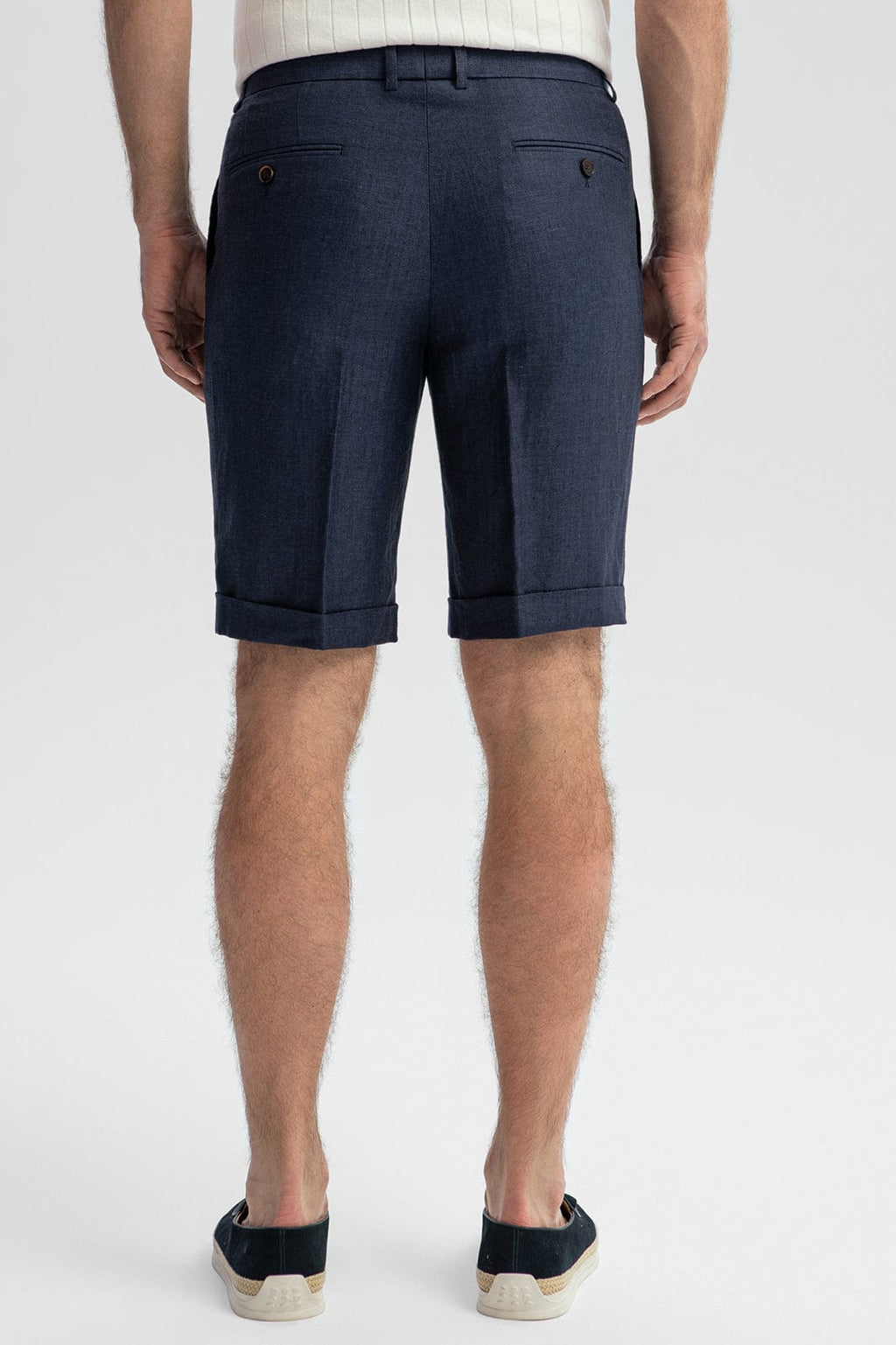 Tiavllya Formal 2 Piece Men's Navy Suit Flat Linen Notch Lapel Tuxedos (Blazer+Shorts)