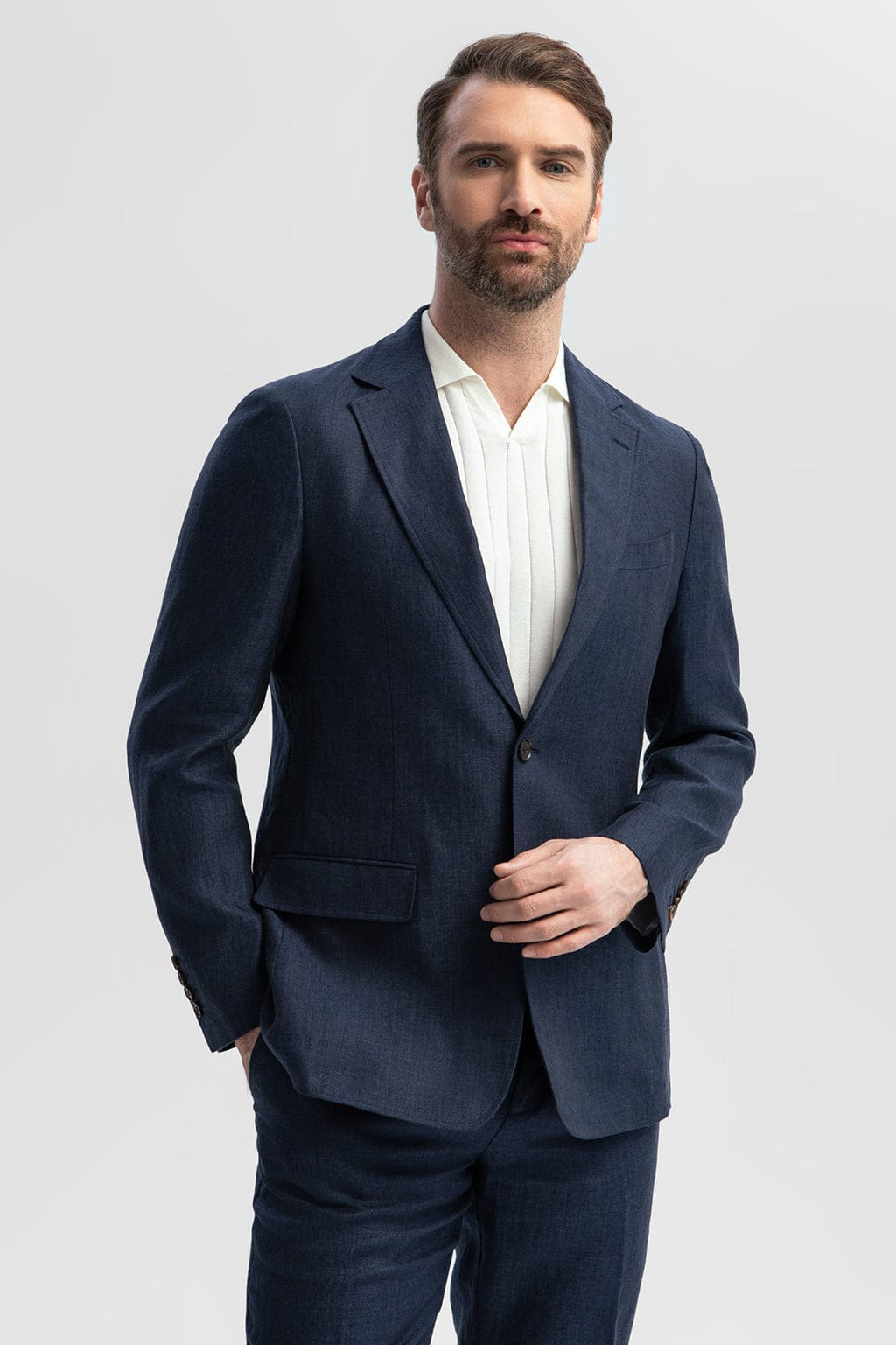 Tiavllya Formal 2 Piece Men's Navy Suit Flat Linen Notch Lapel Tuxedos (Blazer+Shorts)