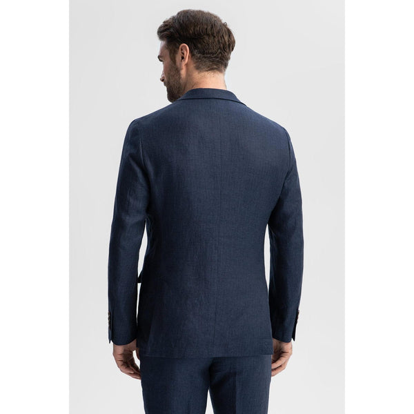 Tiavllya Formal 2 Piece Men's Navy Suit Flat Linen Notch Lapel Tuxedos (Blazer+Shorts)