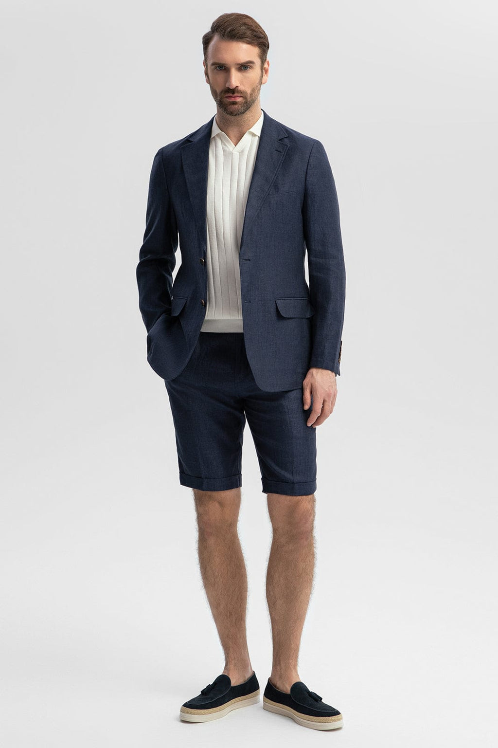 Tiavllya Formal 2 Piece Men's Navy Suit Flat Linen Notch Lapel Tuxedos (Blazer+Shorts)