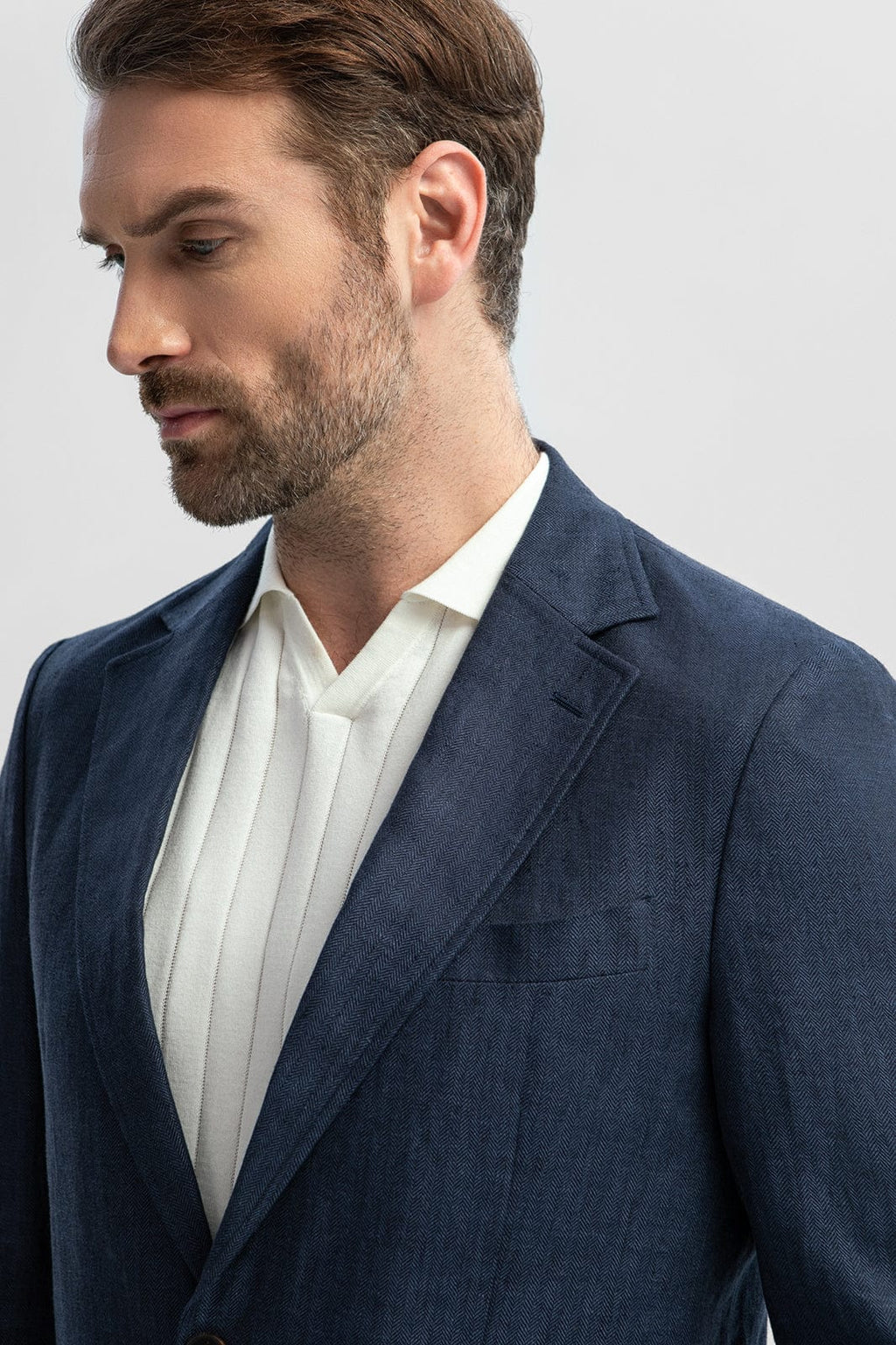 Tiavllya Formal 2 Piece Men's Navy Suit Flat Linen Notch Lapel Tuxedos (Blazer+Shorts)