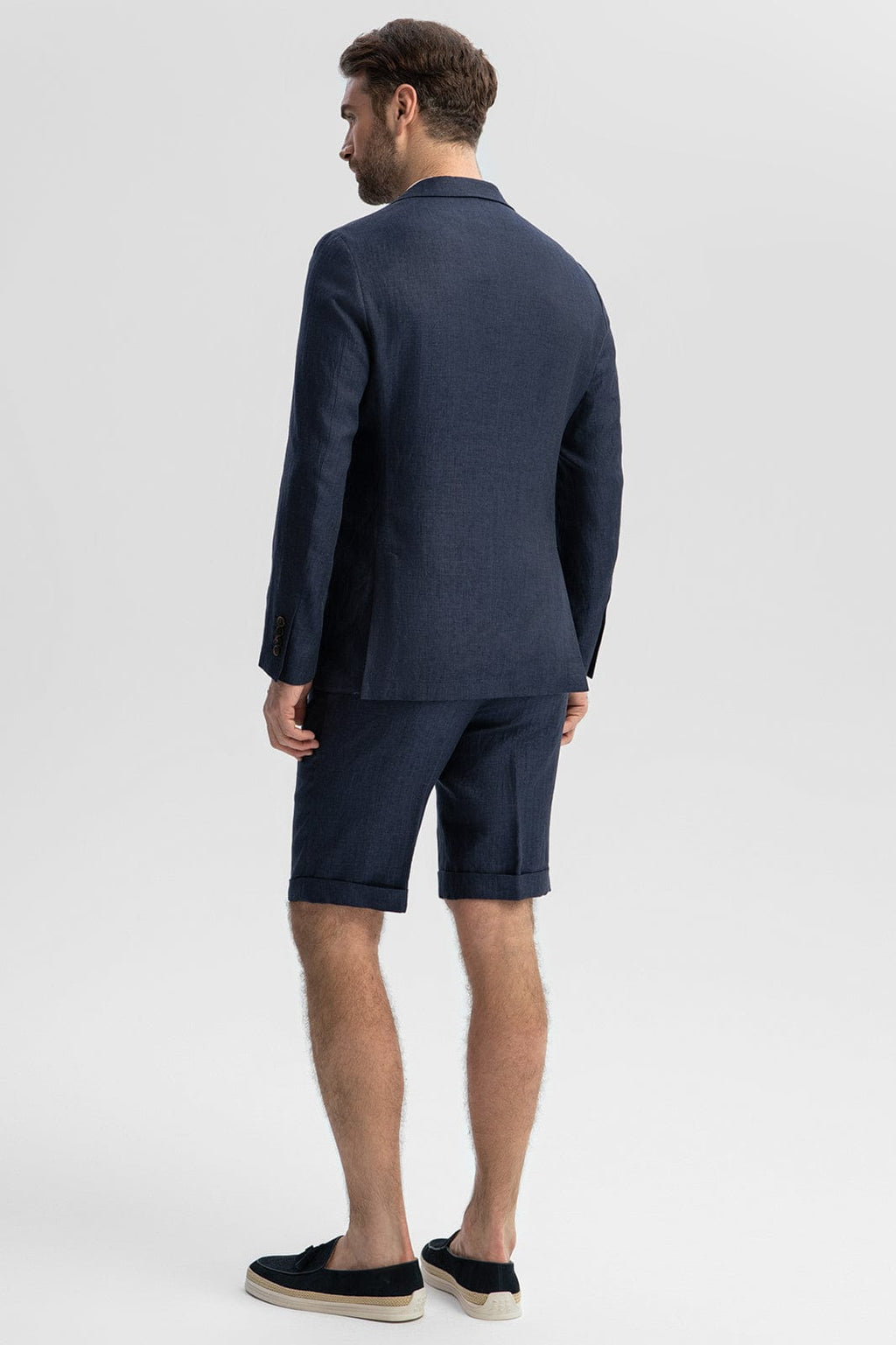 Tiavllya Formal 2 Piece Men's Navy Suit Flat Linen Notch Lapel Tuxedos (Blazer+Shorts)