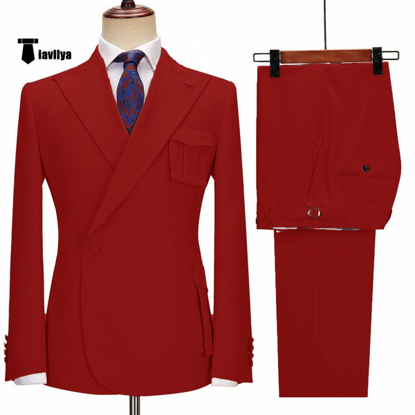 Tiavllya Formal 2 Piece Men's Suit Slim Fit Peak Lapel Tuxedo For Wedding (Blazer+Pants)