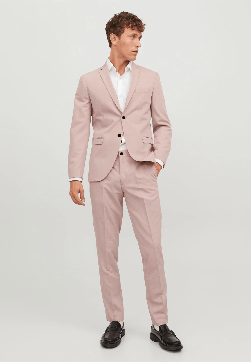 Tiavllya Formal 2 Pieces Mens Pink Suit Flat Notch Lapel Tuxedos For Wedding (Blazer+Pants)