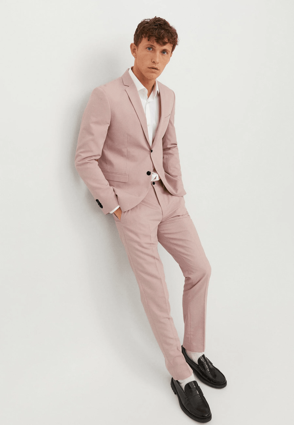 Tiavllya Formal 2 Pieces Mens Pink Suit Flat Notch Lapel Tuxedos For Wedding (Blazer+Pants)