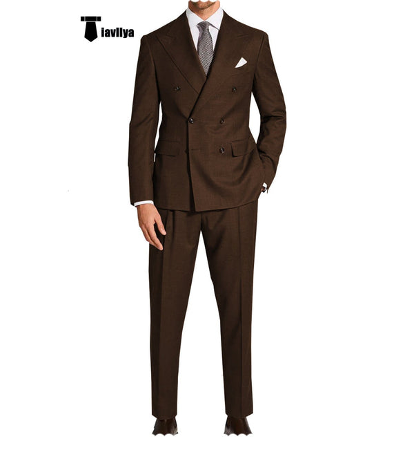 Tiavllya Formal 2 Pieces Mens Suit Flat Peak Lapel Double Breasted Tuxedos For Wedding (Blazer+Pants)