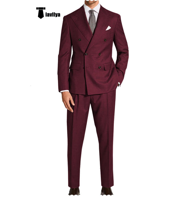 Tiavllya Formal 2 Pieces Mens Suit Flat Peak Lapel Double Breasted Tuxedos For Wedding (Blazer+Pants)