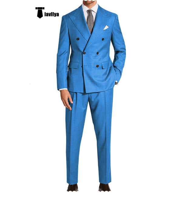 Tiavllya Formal 2 Pieces Mens Suit Flat Peak Lapel Double Breasted Tuxedos For Wedding (Blazer+Pants)
