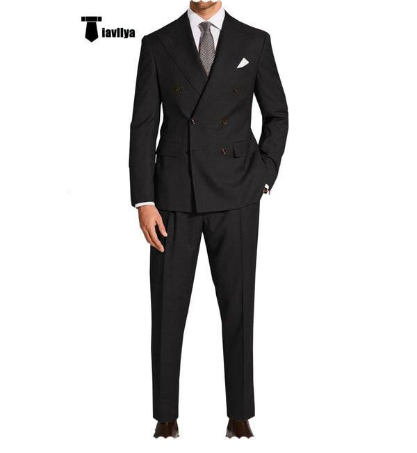 Tiavllya Formal 2 Pieces Mens Suit Flat Peak Lapel Double Breasted Tuxedos For Wedding (Blazer+Pants)
