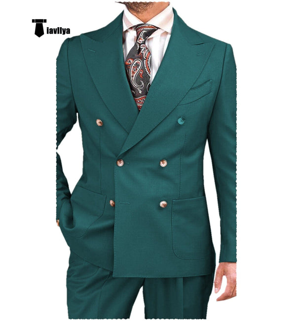 Tiavllya Formal 2 Pieces Mens Suit Flat Peak Lapel Tuxedos For Wedding (Blazer+Pants)