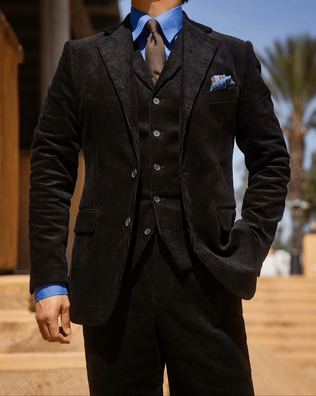 Tiavllya Formal 3 Pieces Mens Suit Corduroy Notch Lapel Tuxedos For Wedding (Blazer+Vest+Pants)