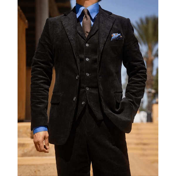 Tiavllya Formal 3 Pieces Mens Suit Corduroy Notch Lapel Tuxedos For Wedding (Blazer+Vest+Pants)