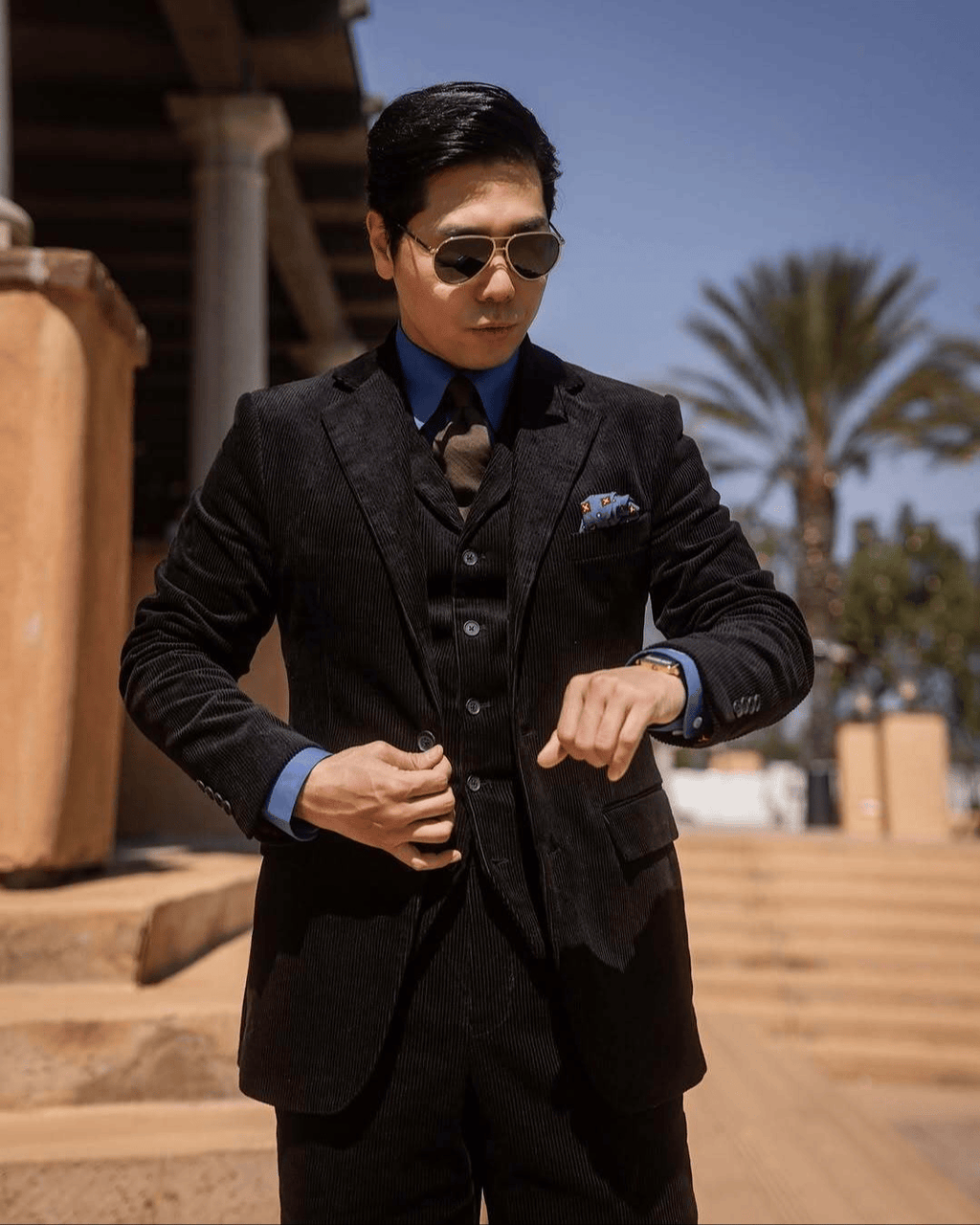 Tiavllya Formal 3 Pieces Mens Suit Corduroy Notch Lapel Tuxedos For Wedding (Blazer+Vest+Pants)