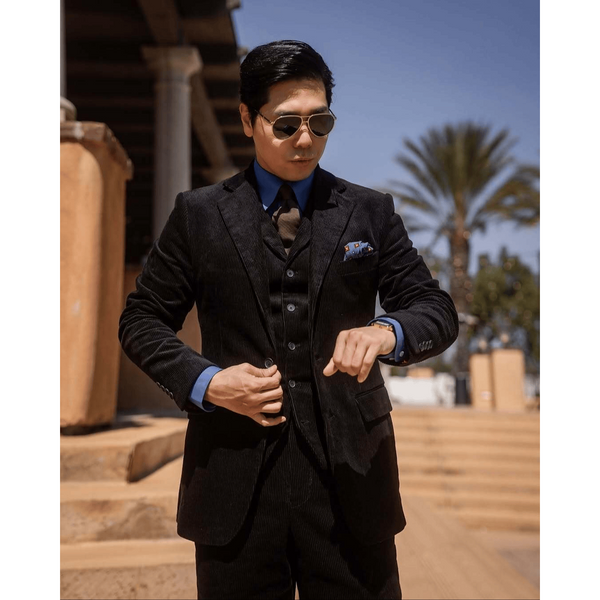 Tiavllya Formal 3 Pieces Mens Suit Corduroy Notch Lapel Tuxedos For Wedding (Blazer+Vest+Pants)