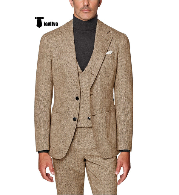 Tiavllya Formal Men's 3 Piece Suit Herringbone Tweed Notch Lapel Tuxedos (Blazer+vest+Pants)