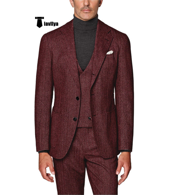 Tiavllya Formal Men's 3 Piece Suit Herringbone Tweed Notch Lapel Tuxedos (Blazer+vest+Pants)