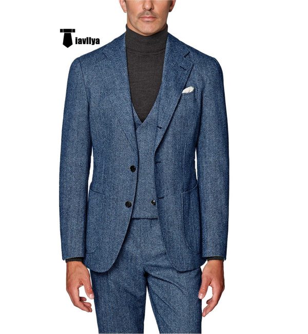 Tiavllya Formal Men's 3 Piece Suit Herringbone Tweed Notch Lapel Tuxedos (Blazer+vest+Pants)