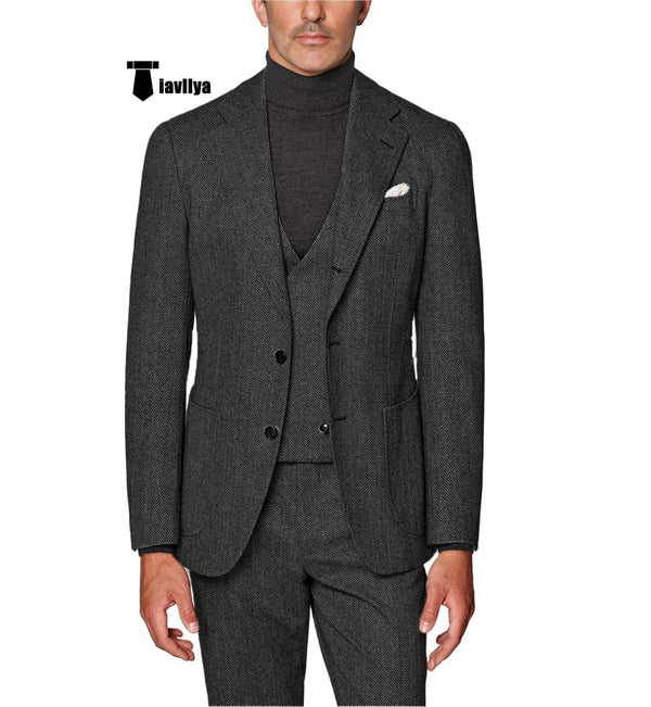 Tiavllya Formal Men's 3 Piece Suit Herringbone Tweed Notch Lapel Tuxedos (Blazer+vest+Pants)