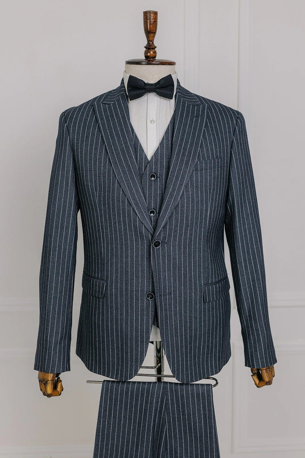 Tiavllya Formal Men's 3 Pieces Mens Suit Peak Lapel Striped Tuxedos (Blazer+Vest+Pants)