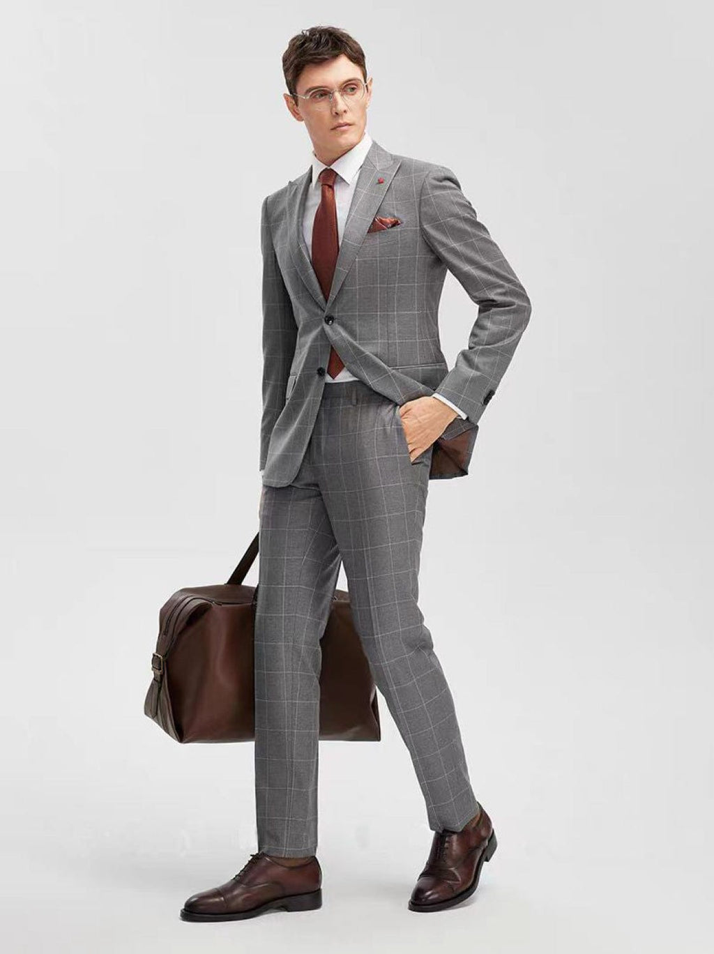 Tiavllya Formal Mens Suit 2 Pieces Plaid Peak Lapel Tuxedos (Blazer+Pants)