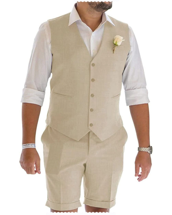Tiavllya Leisure 2 Piece Men's Suit Flat Linen Notch Lapel Tuxedos (Vest+Shorts)