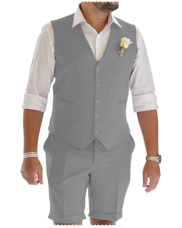 Tiavllya Leisure 2 Piece Men's Suit Flat Linen Notch Lapel Tuxedos (Vest+Shorts)