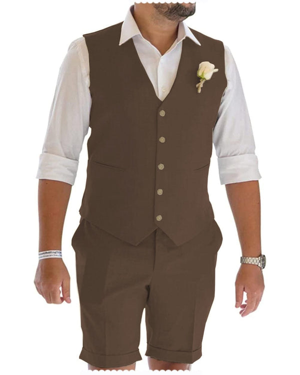 Tiavllya Leisure 2 Piece Men's Suit Flat Linen Notch Lapel Tuxedos (Vest+Shorts)