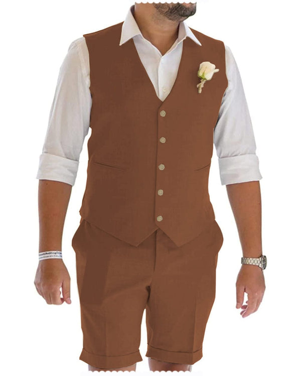 Tiavllya Leisure 2 Piece Men's Suit Flat Linen Notch Lapel Tuxedos (Vest+Shorts)