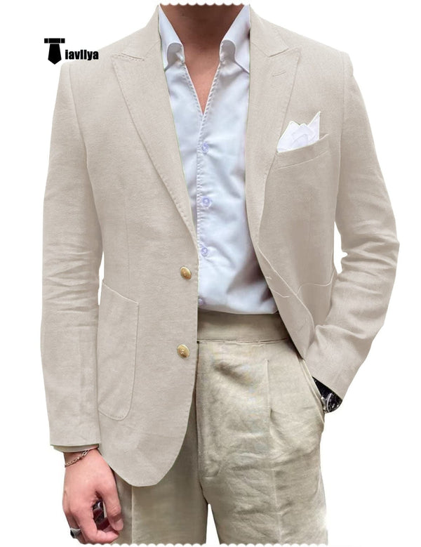 Tiavllya Men's 2 Pieces Mens Blazer Peak Lapel Linen For Wedding