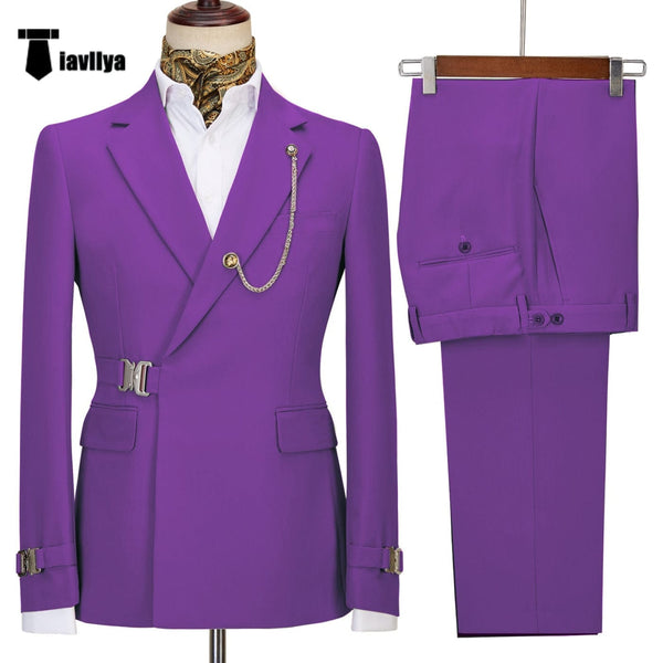 Tiavllya Tiavllya 2 Piece Men's Suit with Metal Clasp Slim Fit Suit Stylish Tuxedo Suit Set (Blazer+Pants)