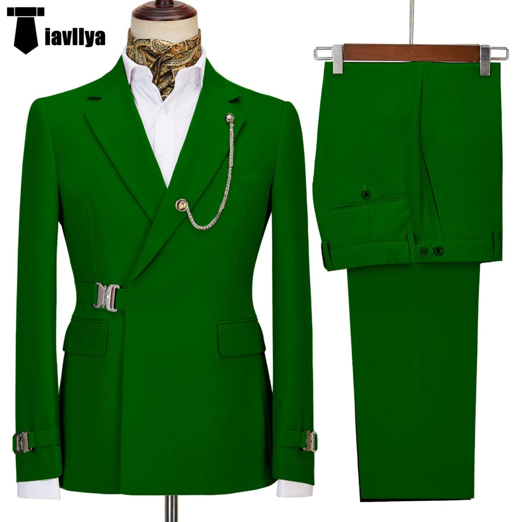 Tiavllya Tiavllya 2 Piece Men's Suit with Metal Clasp Slim Fit Suit Stylish Tuxedo Suit Set (Blazer+Pants)