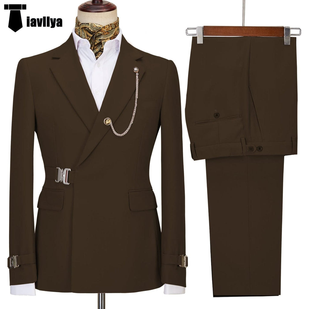 Tiavllya Tiavllya 2 Piece Men's Suit with Metal Clasp Slim Fit Suit Stylish Tuxedo Suit Set (Blazer+Pants)