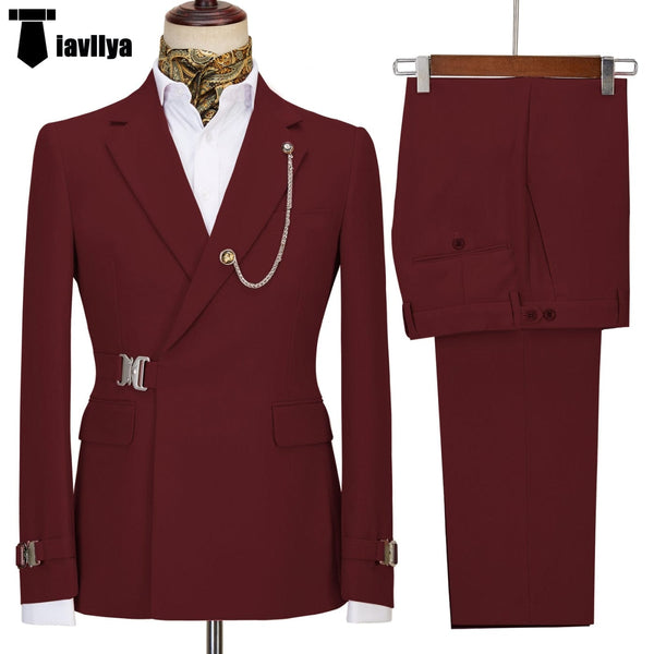 Tiavllya Tiavllya 2 Piece Men's Suit with Metal Clasp Slim Fit Suit Stylish Tuxedo Suit Set (Blazer+Pants)