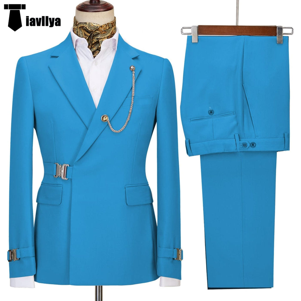 Tiavllya Tiavllya 2 Piece Men's Suit with Metal Clasp Slim Fit Suit Stylish Tuxedo Suit Set (Blazer+Pants)