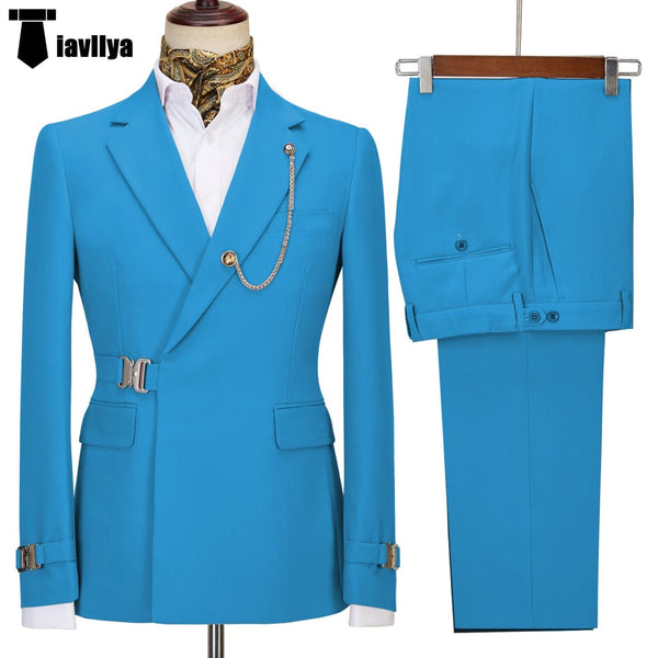 Tiavllya Tiavllya 2 Piece Men's Suit with Metal Clasp Slim Fit Suit Stylish Tuxedo Suit Set (Blazer+Pants)