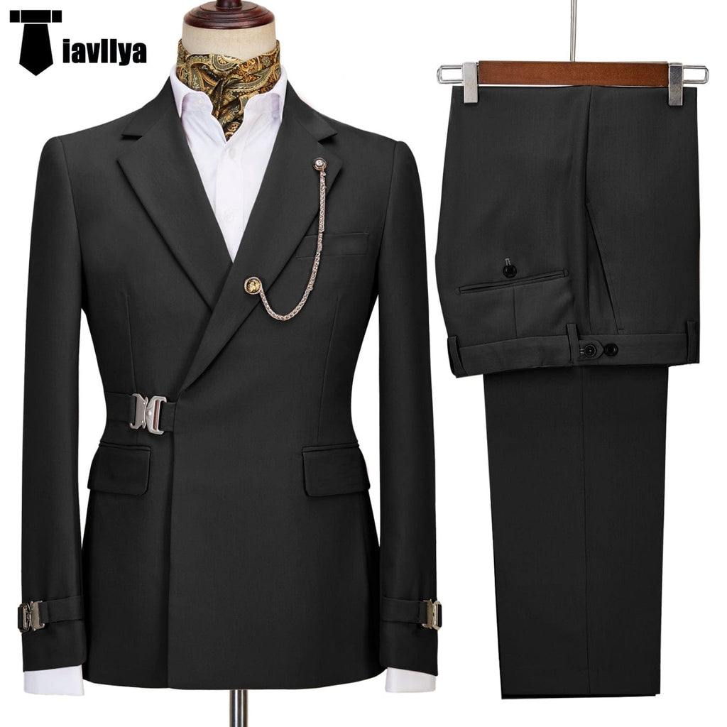 Tiavllya Tiavllya 2 Piece Men's Suit with Metal Clasp Slim Fit Suit Stylish Tuxedo Suit Set (Blazer+Pants)