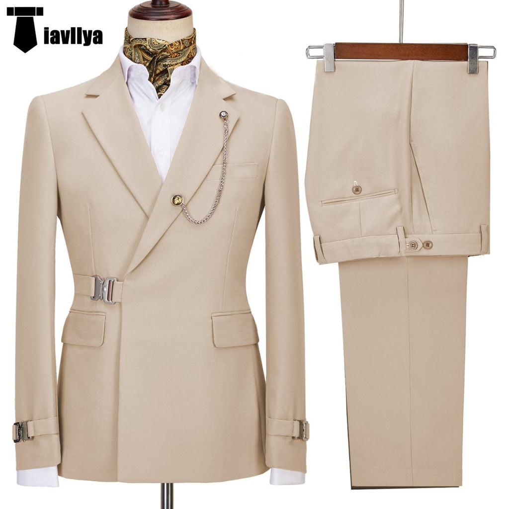 Tiavllya Tiavllya 2 Piece Men's Suit with Metal Clasp Slim Fit Suit Stylish Tuxedo Suit Set (Blazer+Pants)