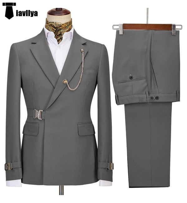 Tiavllya Tiavllya 2 Piece Men's Suit with Metal Clasp Slim Fit Suit Stylish Tuxedo Suit Set (Blazer+Pants)