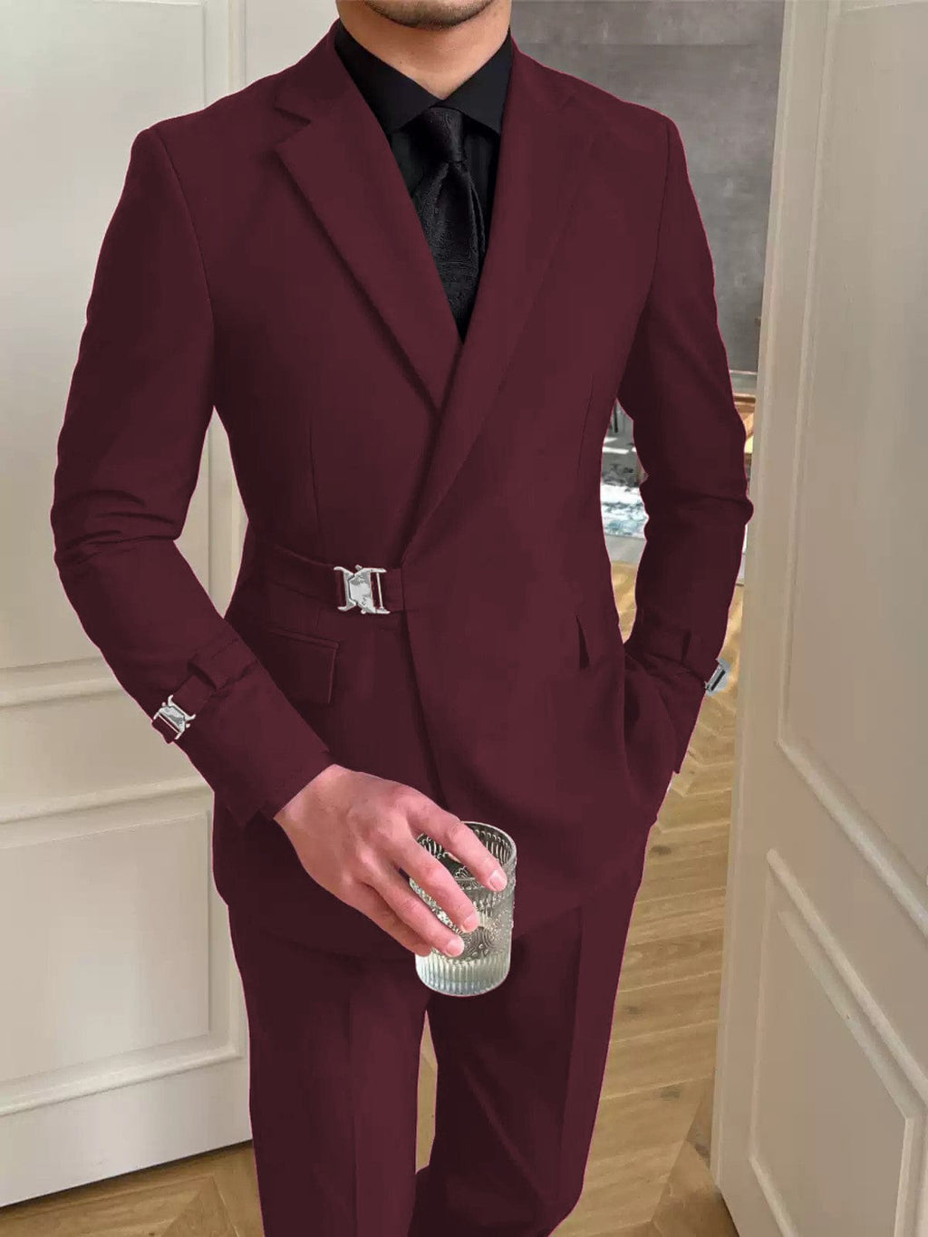 Tiavllya Tiavllya 2 Piece Men's Suit with Metal Clasp Slim Fit Suit Stylish Tuxedo Suit Set (Blazer+Pants)