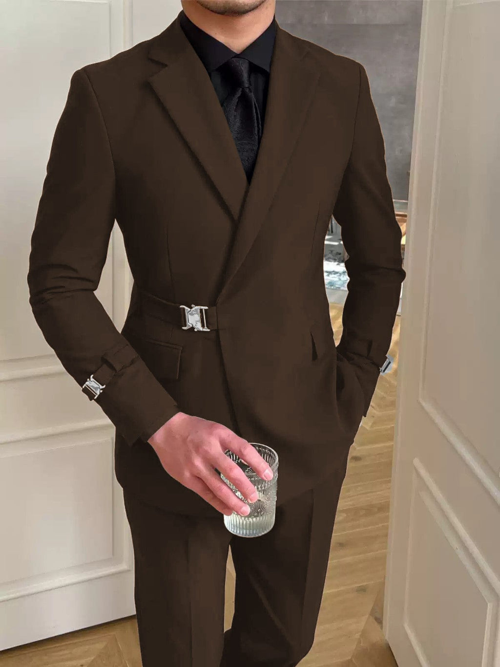 Tiavllya Tiavllya 2 Piece Men's Suit with Metal Clasp Slim Fit Suit Stylish Tuxedo Suit Set (Blazer+Pants)