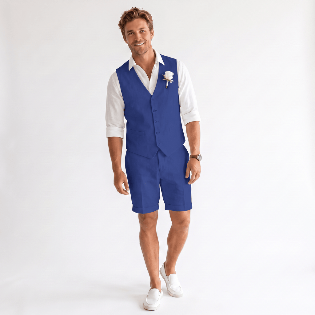 Tiavllya Tiavllya Casual 2 Pieces Men's Suit Flat Linen V Neck Sulit For Wedding (Vest+Shorts)