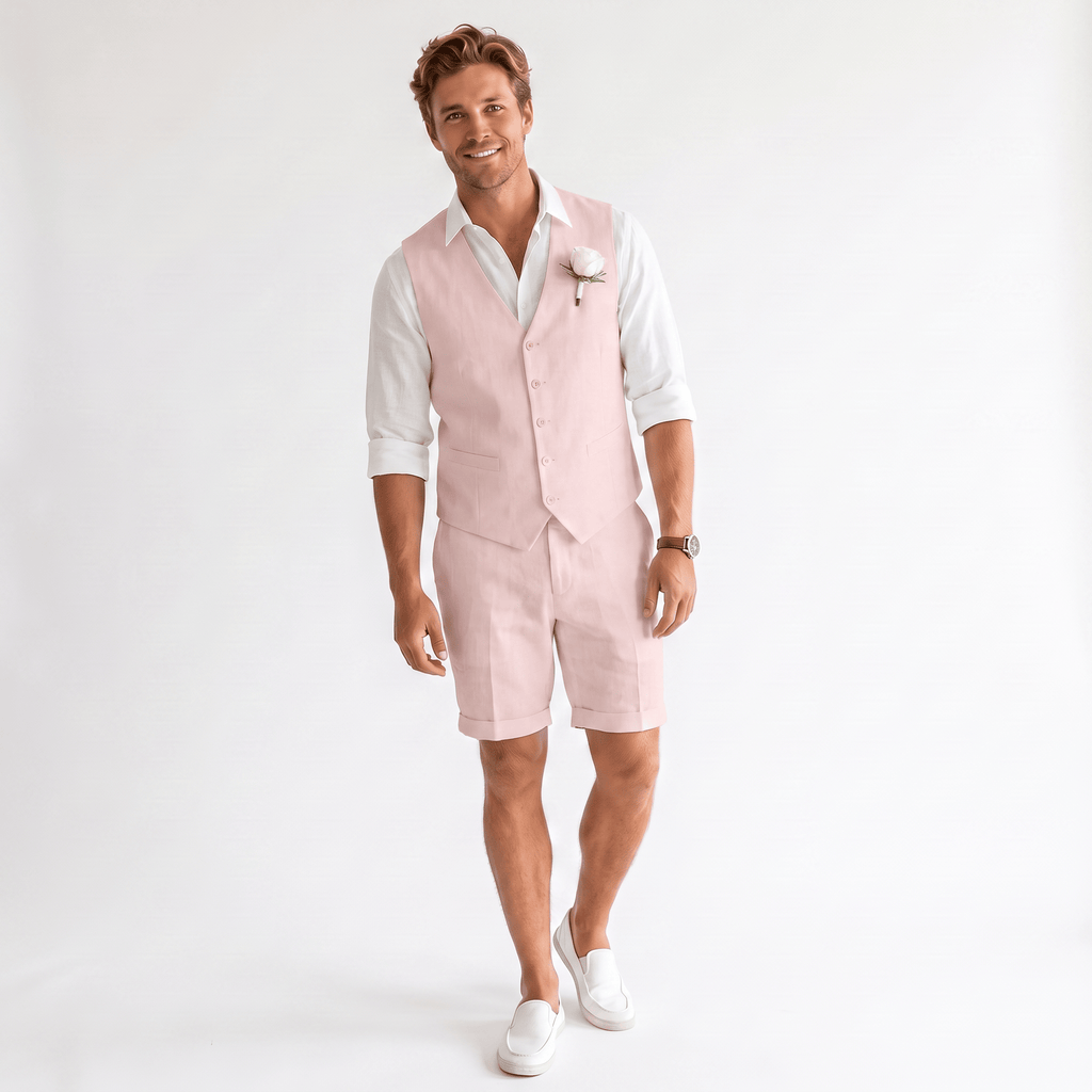 Tiavllya Tiavllya Casual 2 Pieces Men's Suit Flat Linen V Neck Sulit For Wedding (Vest+Shorts)