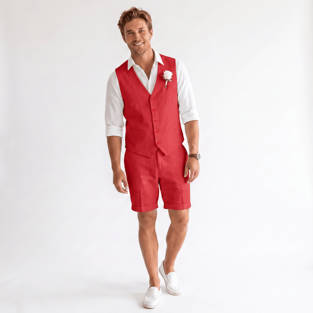 Tiavllya Tiavllya Casual 2 Pieces Men's Suit Flat Linen V Neck Sulit For Wedding (Vest+Shorts)