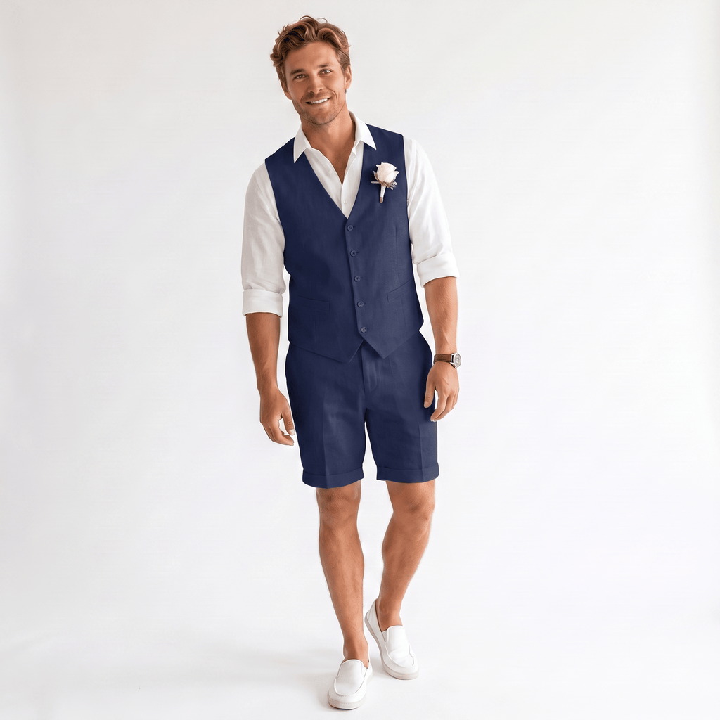 Tiavllya Tiavllya Casual 2 Pieces Men's Suit Flat Linen V Neck Sulit For Wedding (Vest+Shorts)